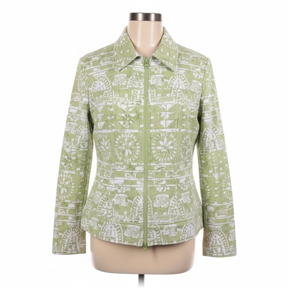 Clara Sun‎ Woo Green White Geometric Print Zip Up Jacket Small Resortwear